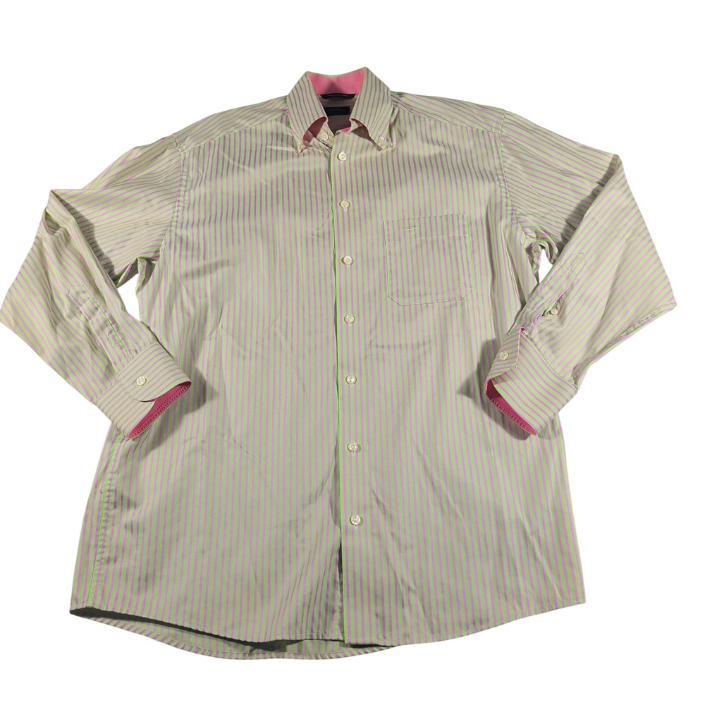 Eton Button Down Shirt Mens L Green Pink Striped Wrinkle Free Cotton